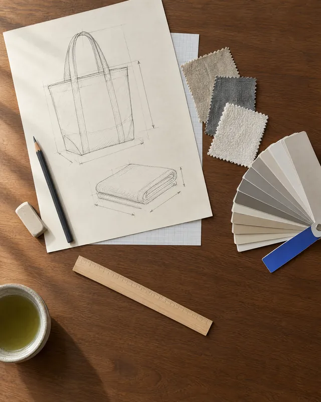 企画の机のイメージ。線だけの手描きのラフ、生地の見本、色見本の扇、定規
